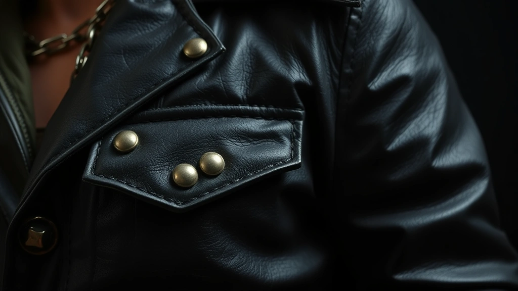 Close-up of distressed black leather jacket with metal studs and chains, worn texture visible, dramatic lighting against dark background, photorealistic