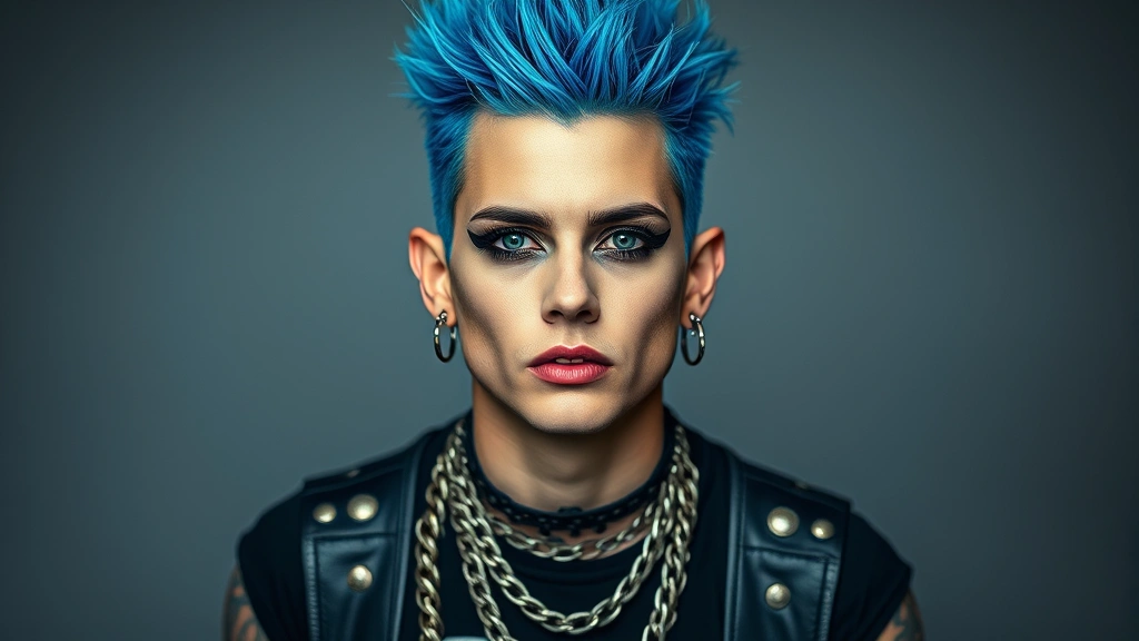 Punk rocker with electric blue mohawk hairstyle, heavy black eyeliner and pale makeup, wearing band t-shirt with chains and studded accessories, multiple piercings, confident rebellious expression, professional fashion photography lighting