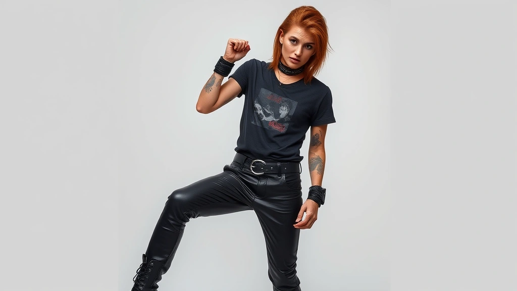Model wearing complete 80s punk outfit: ripped band t-shirt, studded belt, black leather pants, heavy boots, styled hair with attitude, professional fashion photography