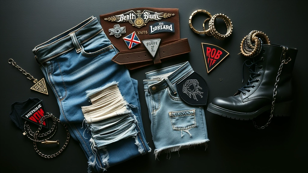 Flat lay arrangement of 80s punk fashion essentials including ripped denim, leather belt with studs, safety pins, band patches, heavy boots, chains, and studded bracelets arranged artfully on dark surface with dramatic shadows