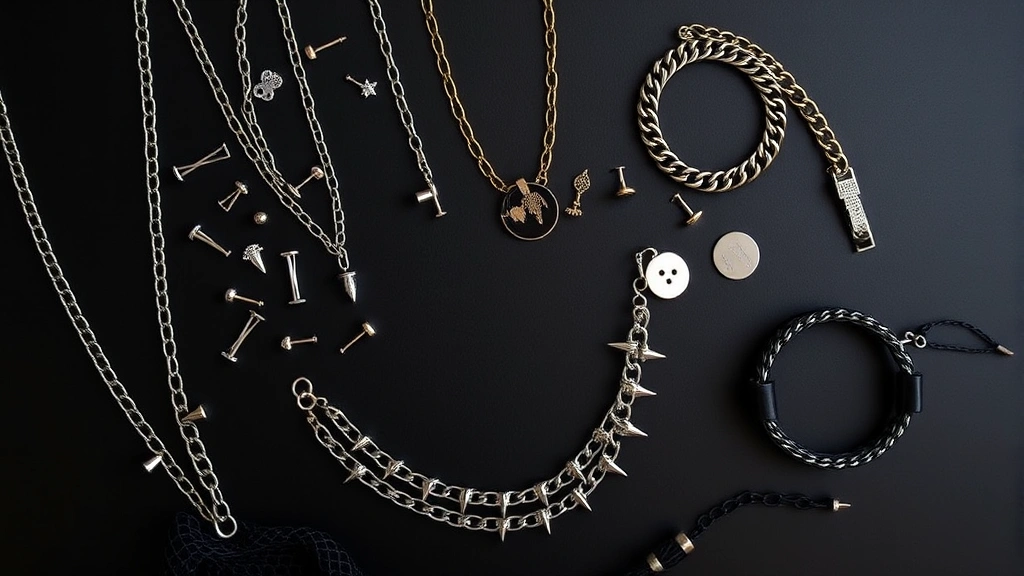 Flat lay of punk fashion accessories: safety pins, chain necklaces, spiked bracelets, studded choker, fishnet material, arranged artistically on dark surface, high-quality product photography