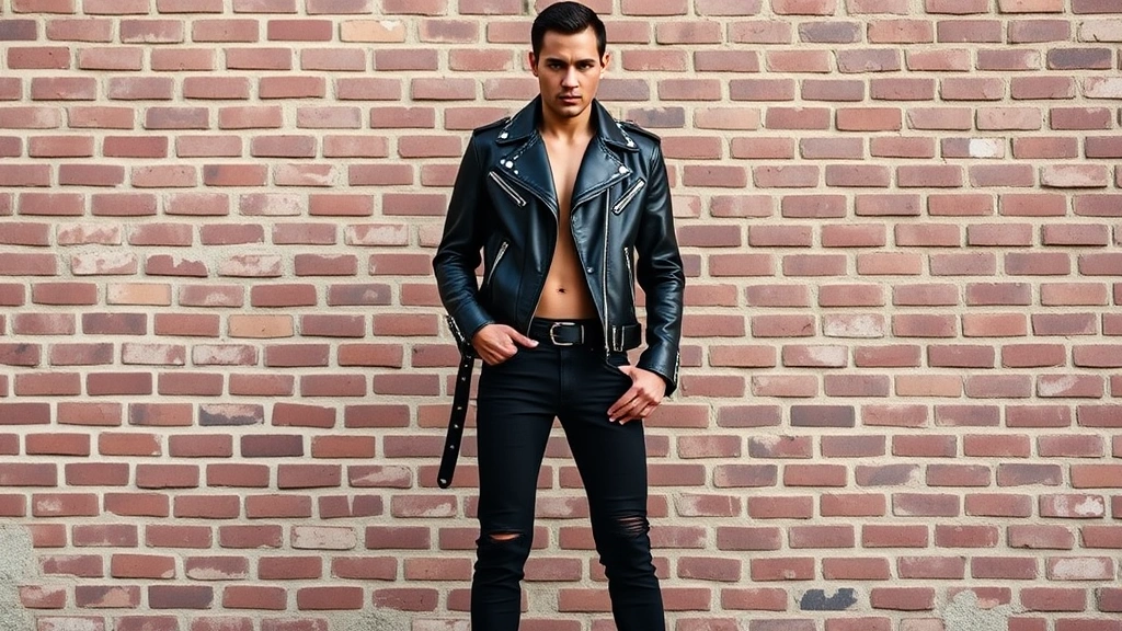 A model wearing a black leather jacket with metal studs and chains, paired with ripped black denim and tall black boots, standing against an urban brick wall background, dramatic confident pose, natural lighting highlighting texture and details