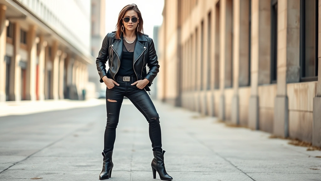 A fashionable person wearing a modern interpretation of 80s rock style: structured leather jacket, strategic metallic accessories, contemporary fitted jeans, and statement boots, posed in an urban setting with natural daylight, embodying confidence and individuality