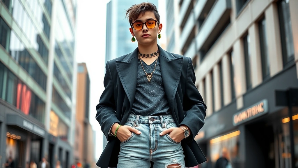 Young person wearing oversized blazer with power shoulders, neon accessories, acid-washed denim, and chunky jewelry standing confidently in urban street setting with modern buildings