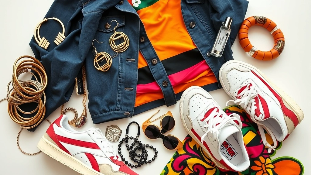 Flat lay of 80s urban fashion essentials including metallic bangles, geometric earrings, colorful layered clothing, vintage sneakers, and bold patterned fabric arranged artistically