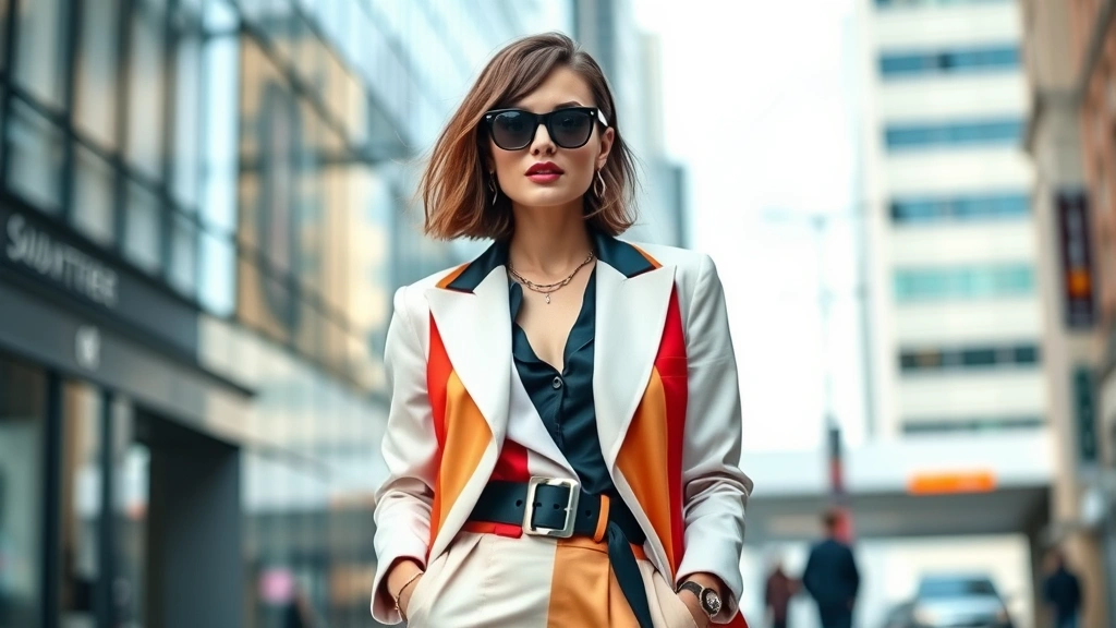 Fashion-forward individual styling 80s elements with contemporary pieces, wearing structured blazer, statement belt, bold color-blocking outfit, and confident posture in modern city environment