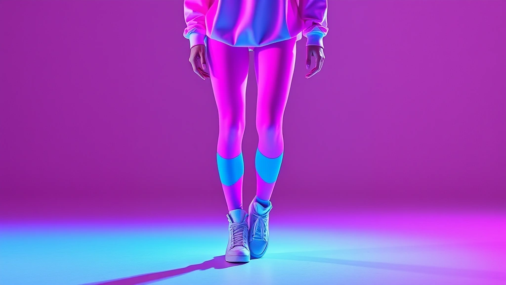 Vibrant neon pink and electric blue color-blocked leggings with matching oversized sweatshirt, leg warmers, and white high-top sneakers on athletic figure during workout session, studio lighting emphasizing bold colors