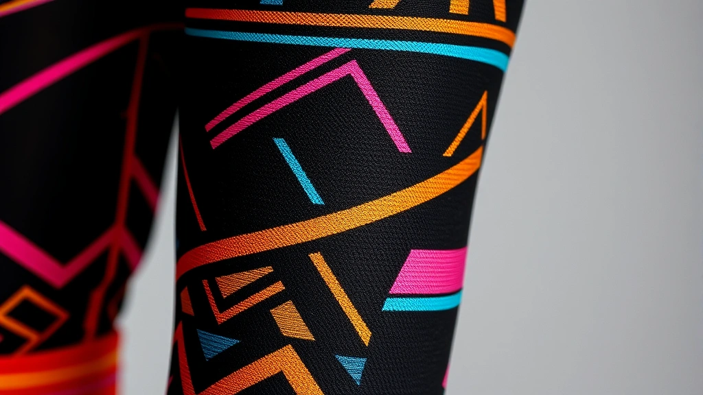 Close-up detail of authentic 1980s geometric patterned leggings with neon stripes, metallic accents, and layered leg warmers in contrasting colors, showing texture and pattern complexity of era-defining pieces