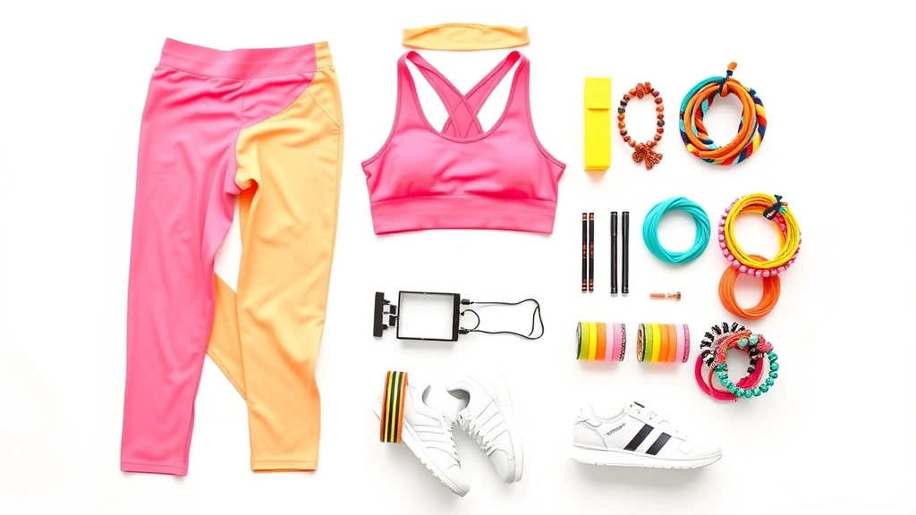 Complete 80s workout outfit flat lay featuring neon leggings, cropped sports top, leg warmers, colorful scrunchies, chunky bangles, headband, and white athletic sneakers arranged artfully against white background