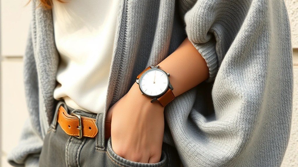 Close-up of layered 90s outfit details: cream thermal shirt under oversized gray sweater, tan canvas belt, vintage watch, neutral color palette, showing texture and proportion balance, fashion styling focus, natural daylight