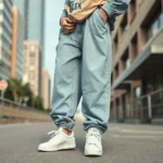 Oversized vintage streetwear look featuring baggy jeans, oversized graphic tee, and classic white sneakers on urban background, natural daylight, realistic fashion photography