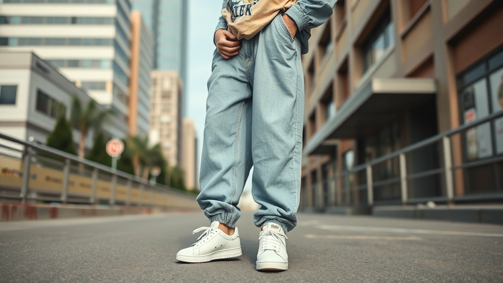 Oversized vintage streetwear look featuring baggy jeans, oversized graphic tee, and classic white sneakers on urban background, natural daylight, realistic fashion photography