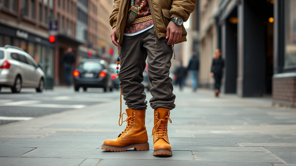 Layered 90s hip hop outfit with Timberland boots, oversized jacket, colorful accessories, posing against city street backdrop, authentic street style photography