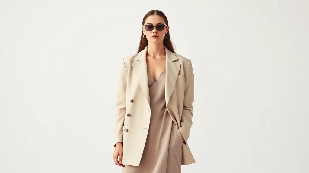 Professional fashion model wearing oversized neutral blazer, minimalist slip dress, and tiny rectangular sunglasses, standing against clean white backdrop, soft natural lighting, high-fashion editorial style