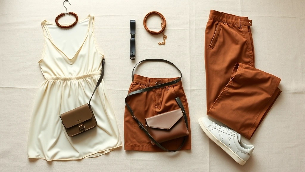 Styled flat lay featuring vintage 90s fashion items: cream silk slip dress, brown cargo pants, velvet choker, small shoulder bag, and minimalist white sneakers arranged artfully on neutral linen background