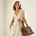 Minimalist 90s style: model wearing oversized cream blazer, white slip dress, structured leather handbag, standing in bright natural light against neutral background, cool-toned lighting, editorial fashion photography