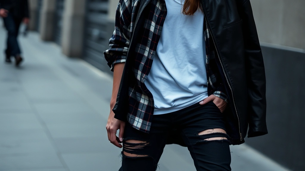 Grunge aesthetic layering: model in black combat boots, ripped dark jeans, oversized plaid flannel shirt over plain white tee, leather jacket draped casually, moody natural lighting, street style photography