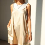 A young woman wearing a vintage satin slip dress in champagne color layered over a white fitted t-shirt, paired with chunky platform white sneakers and delicate gold chain necklace, standing in natural sunlight with soft shadows, candid fashion photography style, emphasizing the contrast between romantic slip dress and modern casual styling