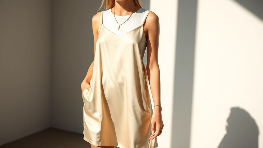 A young woman wearing a vintage satin slip dress in champagne color layered over a white fitted t-shirt, paired with chunky platform white sneakers and delicate gold chain necklace, standing in natural sunlight with soft shadows, candid fashion photography style, emphasizing the contrast between romantic slip dress and modern casual styling