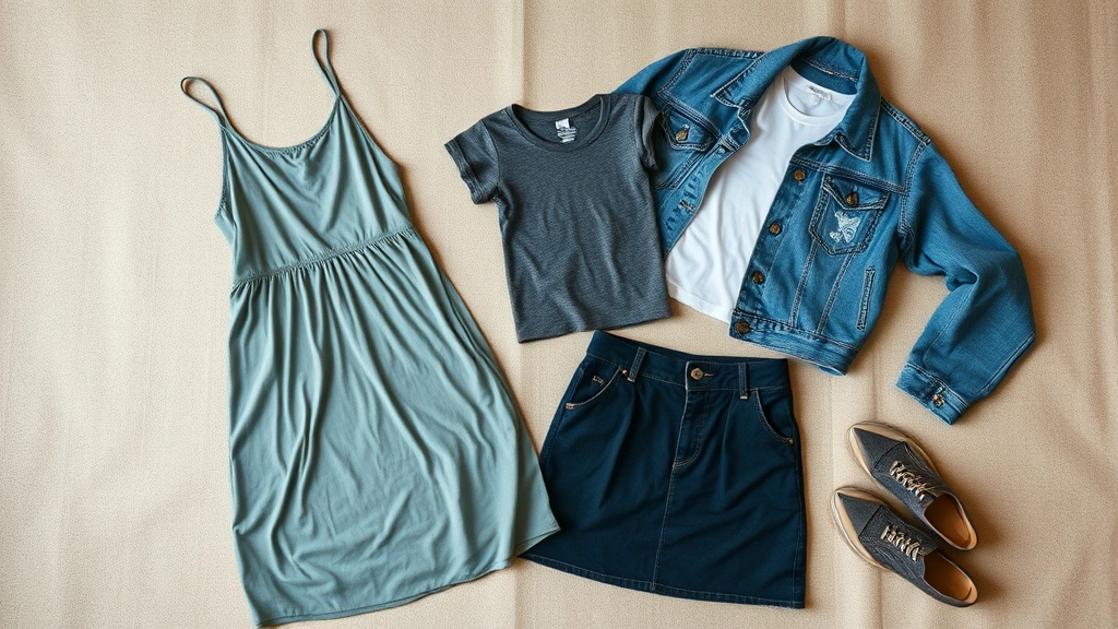 Flat lay composition of vintage 90s fashion pieces arranged artfully including a slip dress, baby tee, mini slip skirt, and classic denim jacket, shot from above on a neutral background with natural lighting, showing the era's aesthetic cohesion and versatile styling possibilities, magazine editorial style