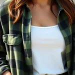 Close-up of a woman wearing oversized vintage flannel shirt in muted green tones over white tank top, hands in pockets, natural sunlight, authentic grunge aesthetic, no logos visible