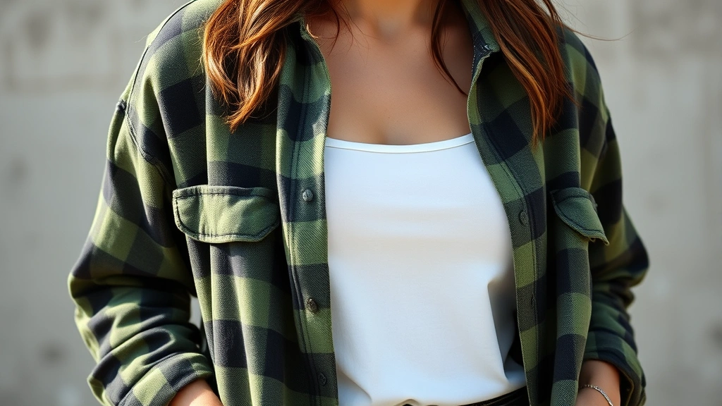Close-up of a woman wearing oversized vintage flannel shirt in muted green tones over white tank top, hands in pockets, natural sunlight, authentic grunge aesthetic, no logos visible