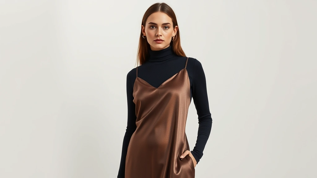 Female model in satin slip dress layered over long-sleeve fitted turtleneck, standing against neutral background, minimalist 90s elegance, natural lighting highlighting fabric texture