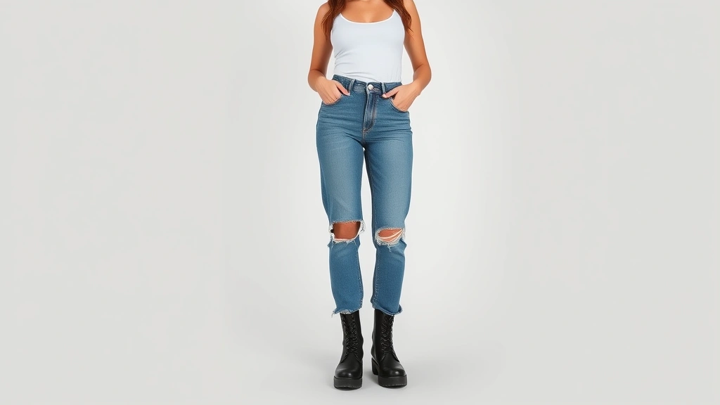 Woman wearing distressed high-waisted denim jeans with strategic rips, paired with fitted baby tee and chunky platform boots, full-body shot showing proportional 90s styling balance