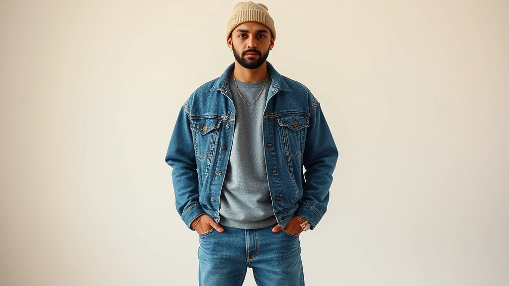 Male model in complete 90s outfit featuring vintage Levi's denim jacket over gray thermal long-sleeve, faded blue jeans, white classic sneakers, minimal jewelry, beige wool beanie, standing in natural indoor studio setting with soft window lighting, neutral background