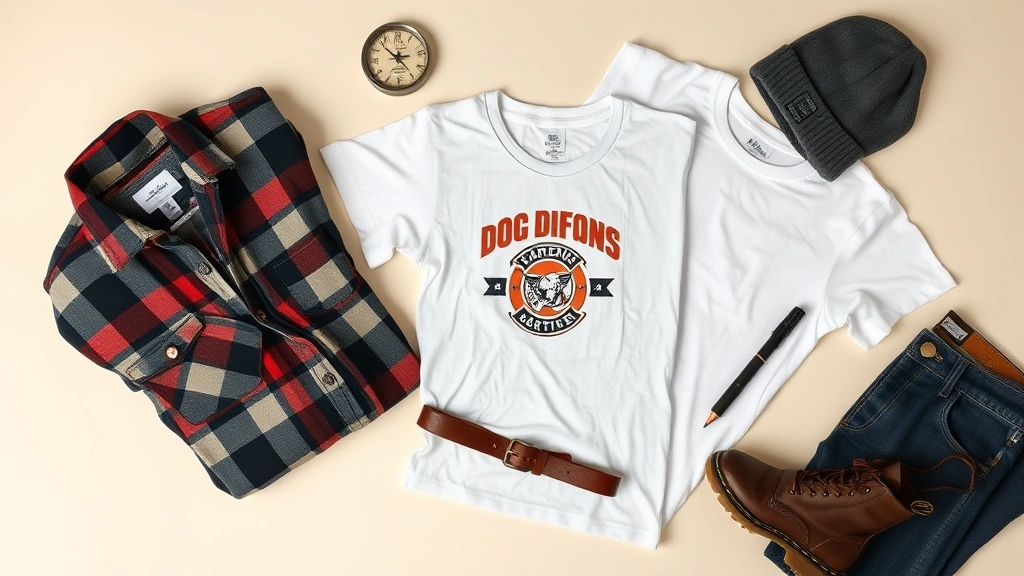 Overhead flat lay arrangement of 90s fashion essentials including folded flannel shirt, plain white and gray t-shirts, dark denim jeans, vintage band merchandise, worn-in leather belt, Doc Martens boot, simple silver chain necklace, beanie, arranged artfully on neutral cream background with natural lighting