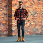 Man wearing oversized flannel shirt, ripped dark jeans, and Timberland boots standing in urban setting with brick wall background, natural lighting, authentic 90s grunge aesthetic, confident posture