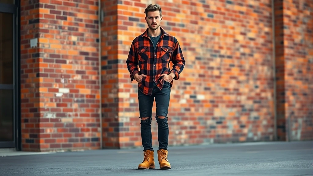 Man wearing oversized flannel shirt, ripped dark jeans, and Timberland boots standing in urban setting with brick wall background, natural lighting, authentic 90s grunge aesthetic, confident posture