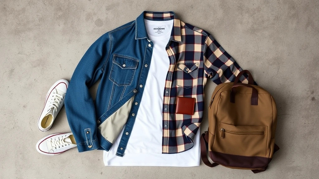 Flat lay arrangement of 90s menswear essentials: vintage denim jacket, plain white t-shirt, neutral flannel shirt, classic Converse sneakers, canvas backpack, minimalist leather wallet on concrete surface