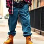 Young person wearing oversized JNCO jeans, Timberland boots, and baggy graphic t-shirt layered with unbuttoned flannel shirt, styled with gold chain necklace and fitted baseball cap, standing confidently on urban street