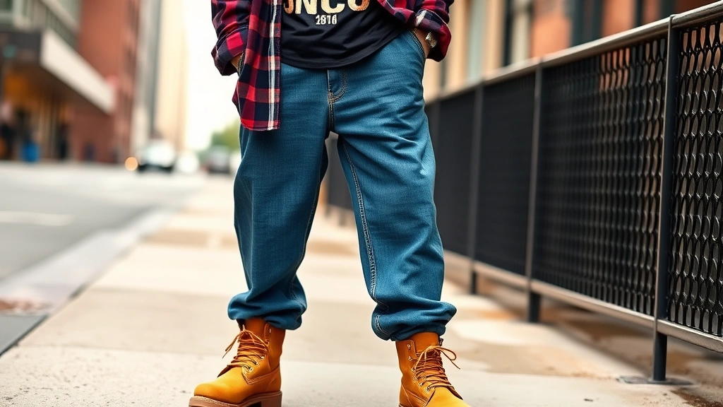 Young person wearing oversized JNCO jeans, Timberland boots, and baggy graphic t-shirt layered with unbuttoned flannel shirt, styled with gold chain necklace and fitted baseball cap, standing confidently on urban street