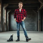 Male model wearing oversized red-and-black flannel shirt with distressed blue jeans and black Doc Martens boots, standing in industrial warehouse with concrete walls and natural window lighting, serious confident expression, authentic grunge aesthetic, photorealistic professional fashion photography