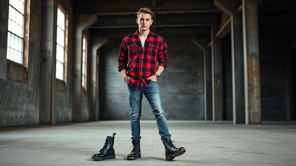 Male model wearing oversized red-and-black flannel shirt with distressed blue jeans and black Doc Martens boots, standing in industrial warehouse with concrete walls and natural window lighting, serious confident expression, authentic grunge aesthetic, photorealistic professional fashion photography