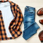 Overhead flat lay of vintage 90s men's fashion essentials: oversized flannel shirt in earth tones, white crew neck t-shirt, faded blue jeans, and weathered leather combat boots arranged on light wooden background with natural studio lighting