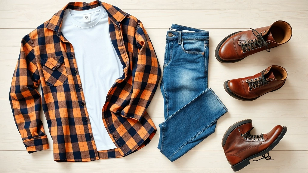 Overhead flat lay of vintage 90s men's fashion essentials: oversized flannel shirt in earth tones, white crew neck t-shirt, faded blue jeans, and weathered leather combat boots arranged on light wooden background with natural studio lighting