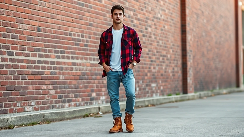 Young man wearing authentic 90s-inspired outfit: oversized burgundy flannel shirt layered over white tee, relaxed-fit jeans, and classic Timberland boots, standing in urban setting with brick wall background, natural daylight