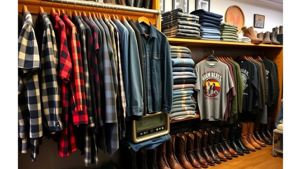 Curated vintage men's clothing display in thrift store: hanging flannel shirts in various patterns, stacked denim on shelves, vintage band tees, worn-in leather jackets, and classic boots, warm interior lighting emphasizing authentic textures and aged patina