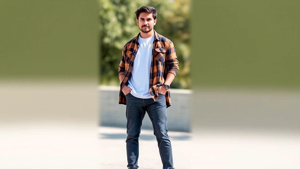 A man wearing an oversized earth-tone flannel shirt layered over a plain white t-shirt, paired with straight-leg dark denim and chunky black Doc Martens boots, standing in natural outdoor lighting with a relaxed confident posture