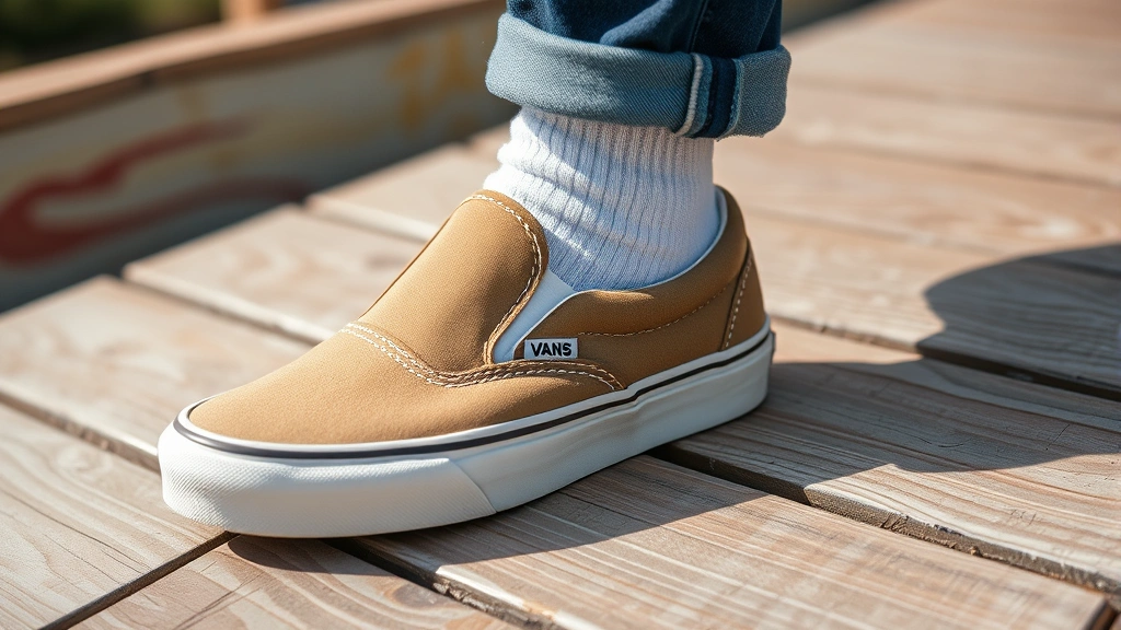 Vintage Vans slip-on sneakers worn with white crew socks on weathered wooden skateboard ramp, natural daylight, close-up detail shot showing canvas texture and iconic silhouette