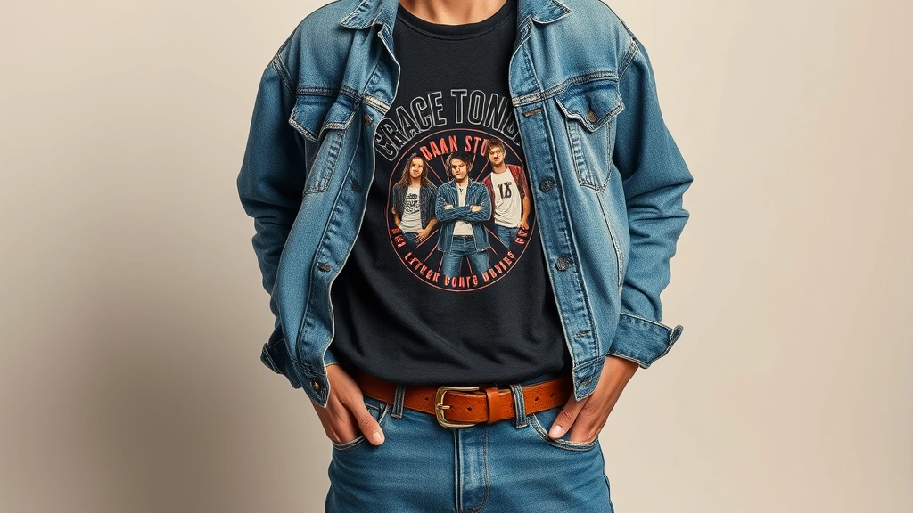 Oversized vintage band graphic t-shirt layered under faded denim jacket, styled with baggy jeans and worn leather belt, displayed on neutral studio background with soft shadows