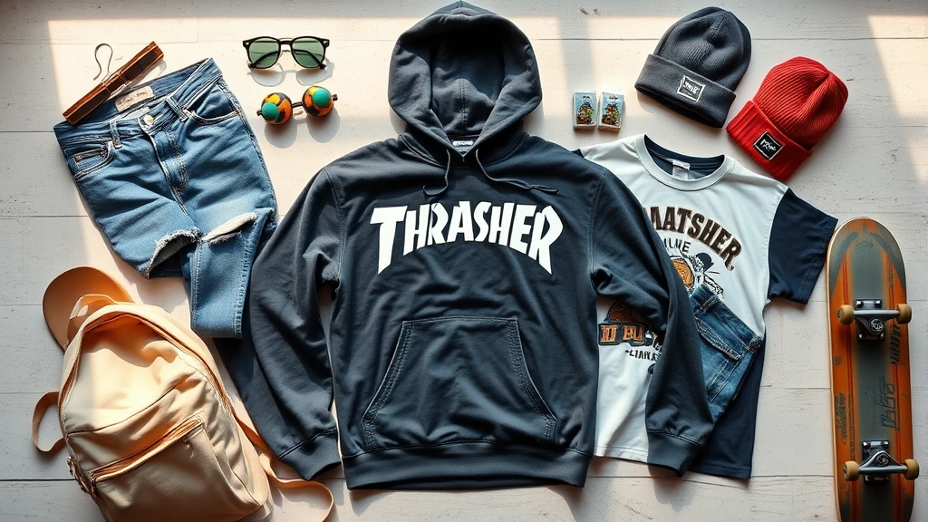 Flat lay composition of 90s skater essentials: distressed denim, Thrasher hoodie, vintage graphic tees, canvas backpack, beanies, and skateboard accessories arranged artfully with natural morning light