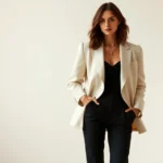 Woman wearing oversized cream blazer with fitted black trousers and minimal jewelry, standing against neutral background, natural lighting, editorial fashion photography style