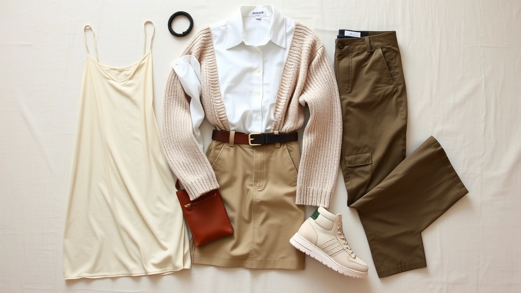 Flat lay composition of 90s-inspired wardrobe essentials: slip dress, white button-up, neutral knit sweater, cargo pants, simple leather belt, minimalist accessories arranged on neutral fabric backdrop