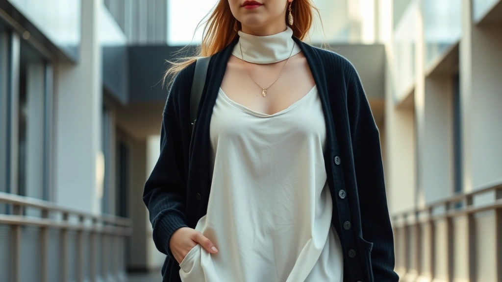 Young woman styled in layered 90s aesthetic: slip dress over fitted turtleneck, oversized cardigan, simple sneakers, minimal jewelry, walking through modern urban space with natural daylight