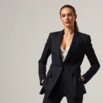 Professional model wearing asymmetrical acubi blazer with strategic cutouts, geometric precision tailoring, neutral color palette, architectural silhouette, modern minimalist studio lighting