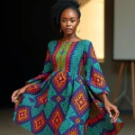 Woman wearing vibrant Ankara print flowing dress with geometric patterns, standing confidently, natural lighting, fashion photography, African textile design showcase, professional styling